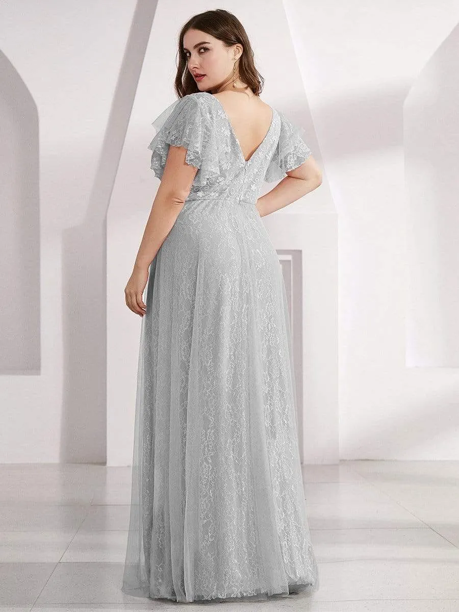 Plus Size Simple Lace Wedding Dress with Ruffle Sleeves