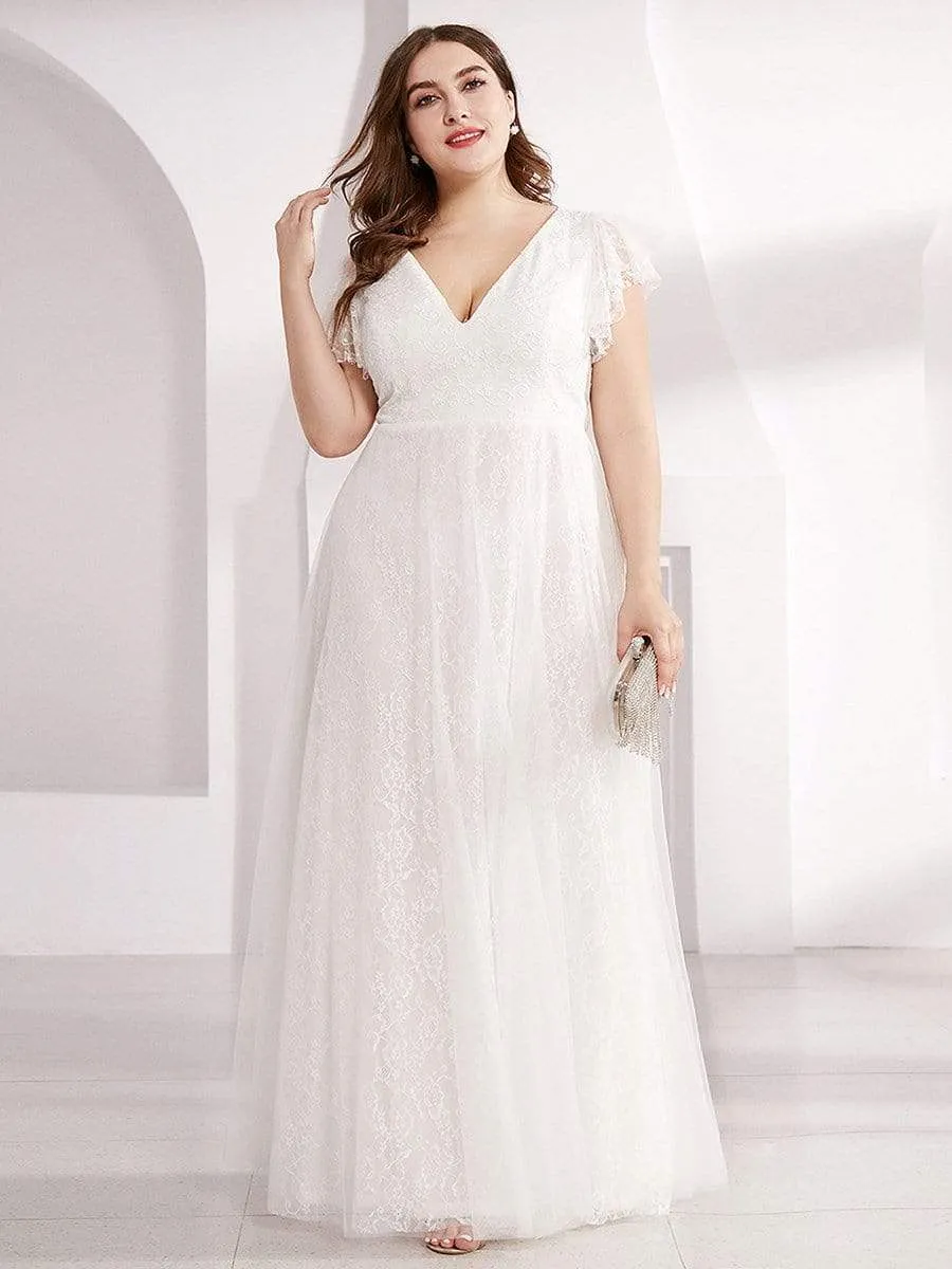 Plus Size Simple Lace Wedding Dress with Ruffle Sleeves