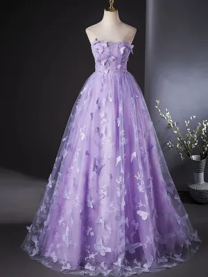 Purple Lace Strapless Floor Length Party Dress, Purple Lace Long Prom Dress