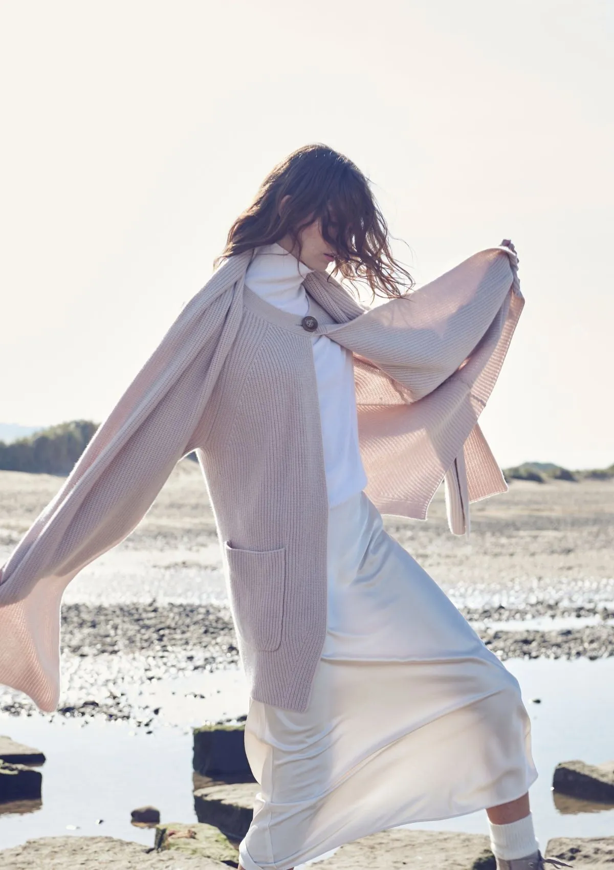 Ribbed Cashmere Coat with Detachable Scarf in Ballet Pink