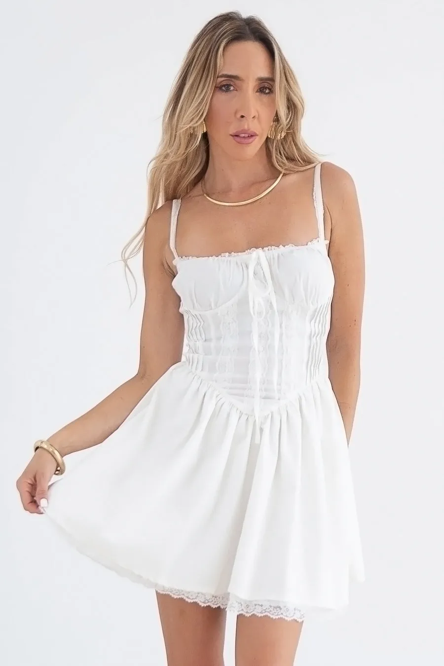 Romantic Lace Flare Mini Dress - White