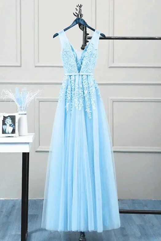 Romantic Tulle Lace V Back Sky Blue See Through Prom Dress Formal Dress #21111222