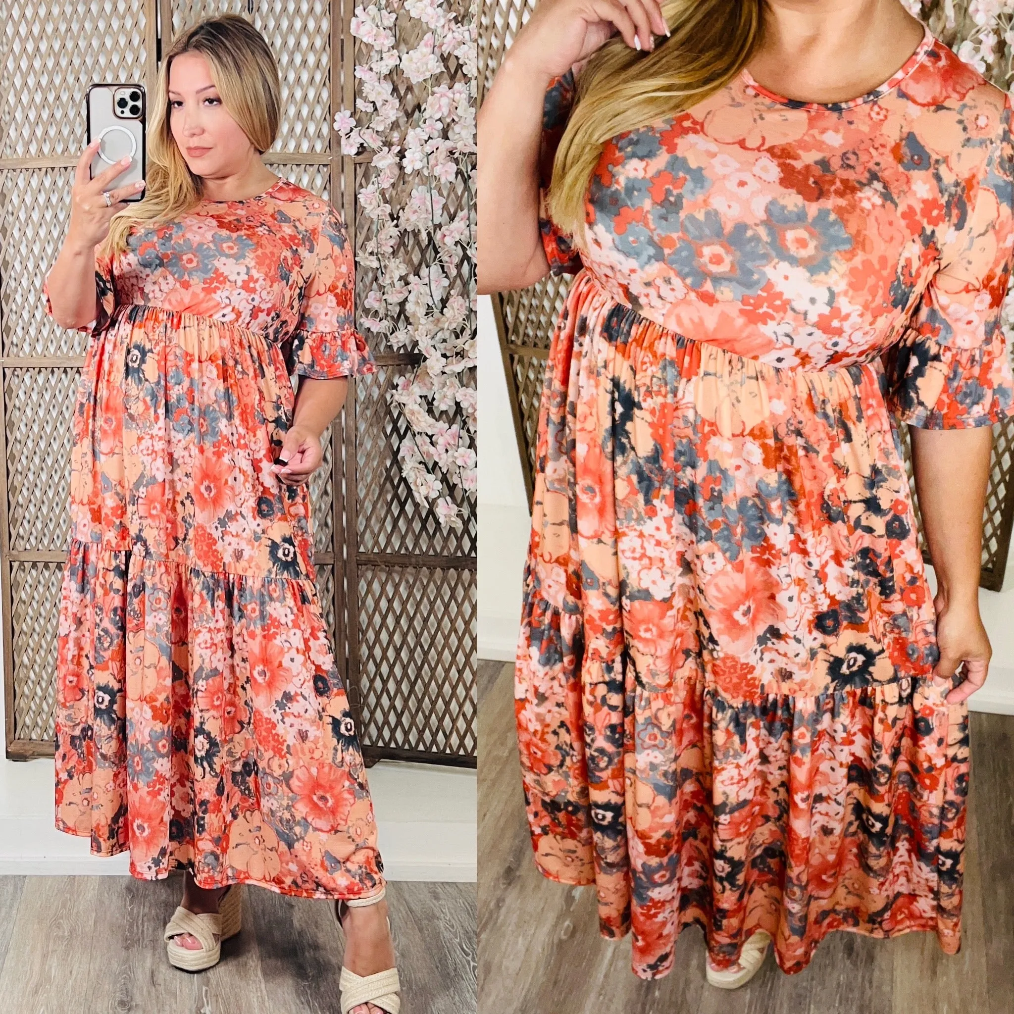 Rust/Navy Floral Tiered Dress