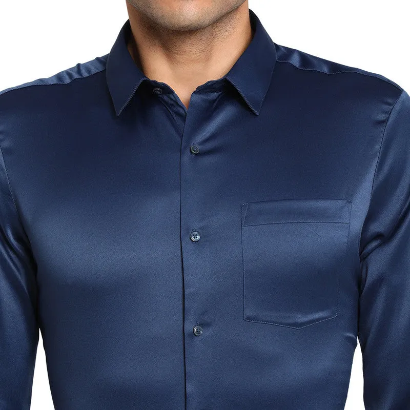 Satin Navy Blue Slim Fit Solid Formal Shirts