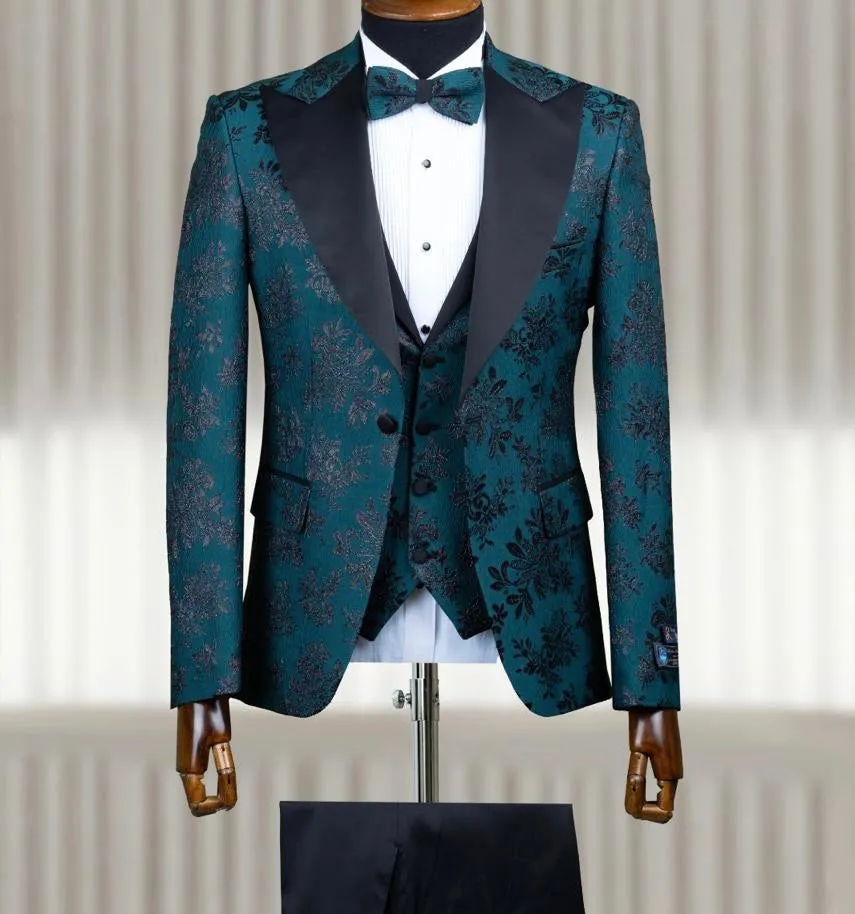 Senzo Rivolli Premium Floral Green 4pc Tuxedo W/ Matching Bowtie