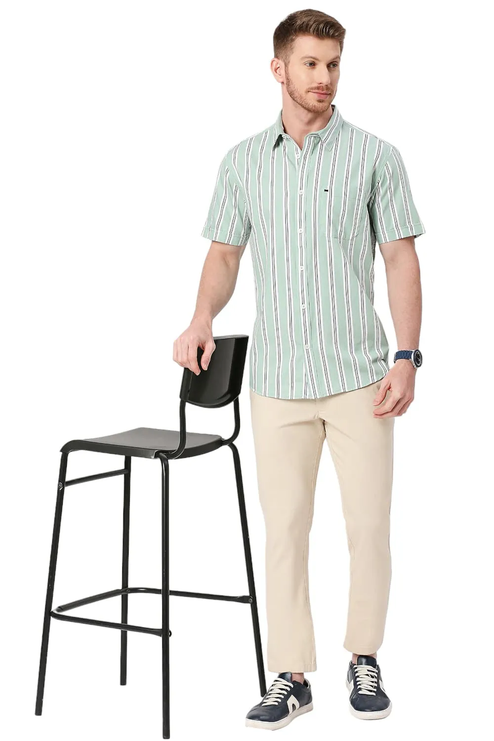 Slim Fit Cotton Twill Stripes Halfsleeves Shirt