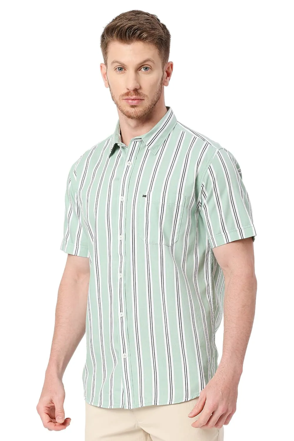 Slim Fit Cotton Twill Stripes Halfsleeves Shirt