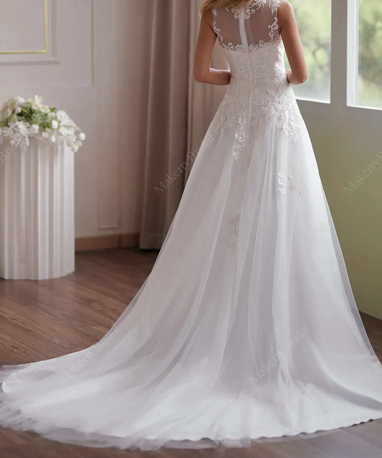 Soft Tulle A-Line Wedding Dress  Illusion Neckline And Sheer Back