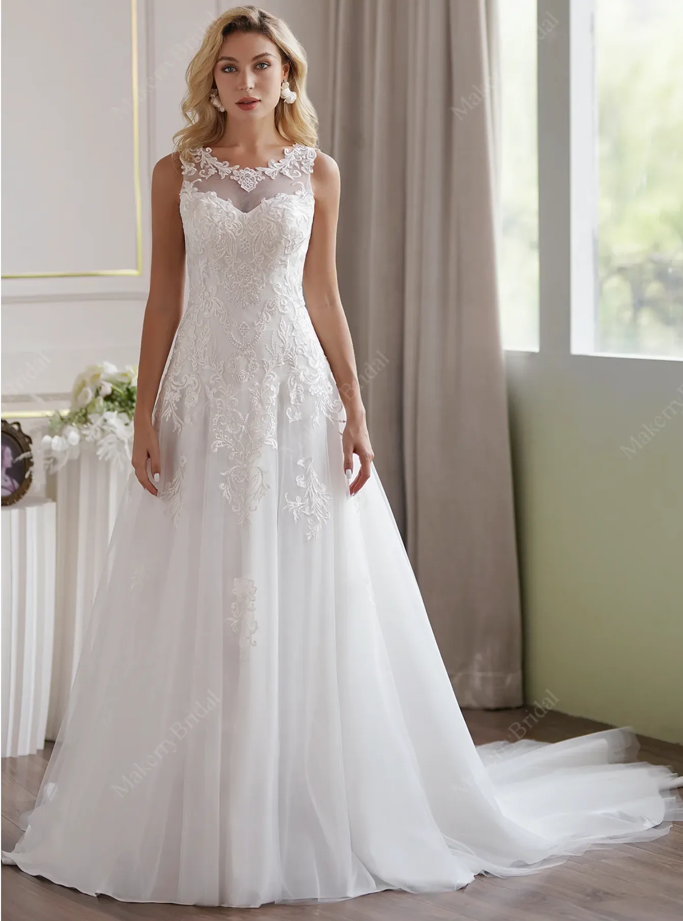 Soft Tulle A-Line Wedding Dress  Illusion Neckline And Sheer Back