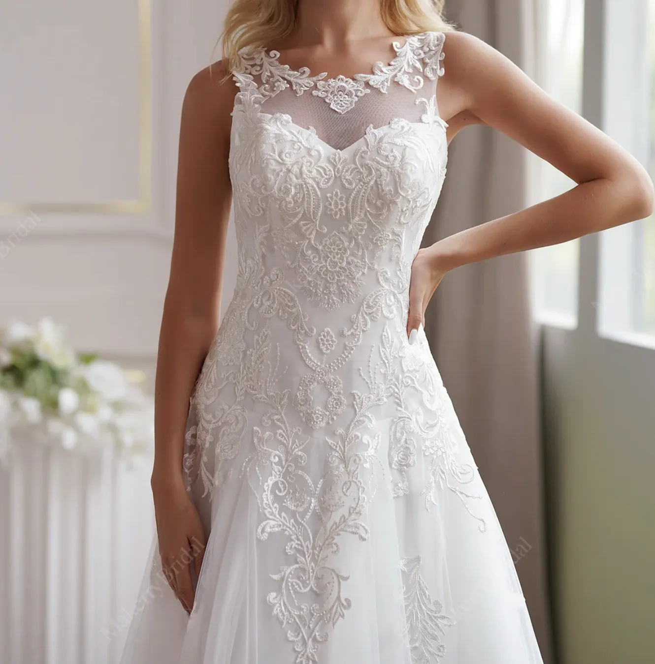 Soft Tulle A-Line Wedding Dress  Illusion Neckline And Sheer Back