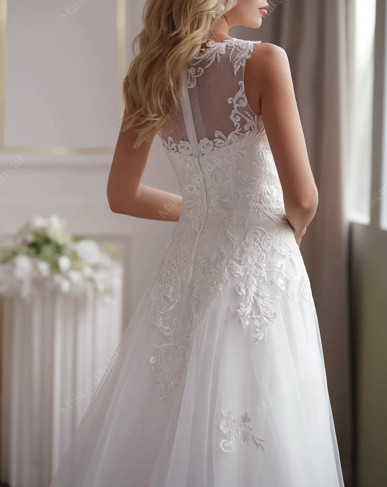 Soft Tulle A-Line Wedding Dress  Illusion Neckline And Sheer Back