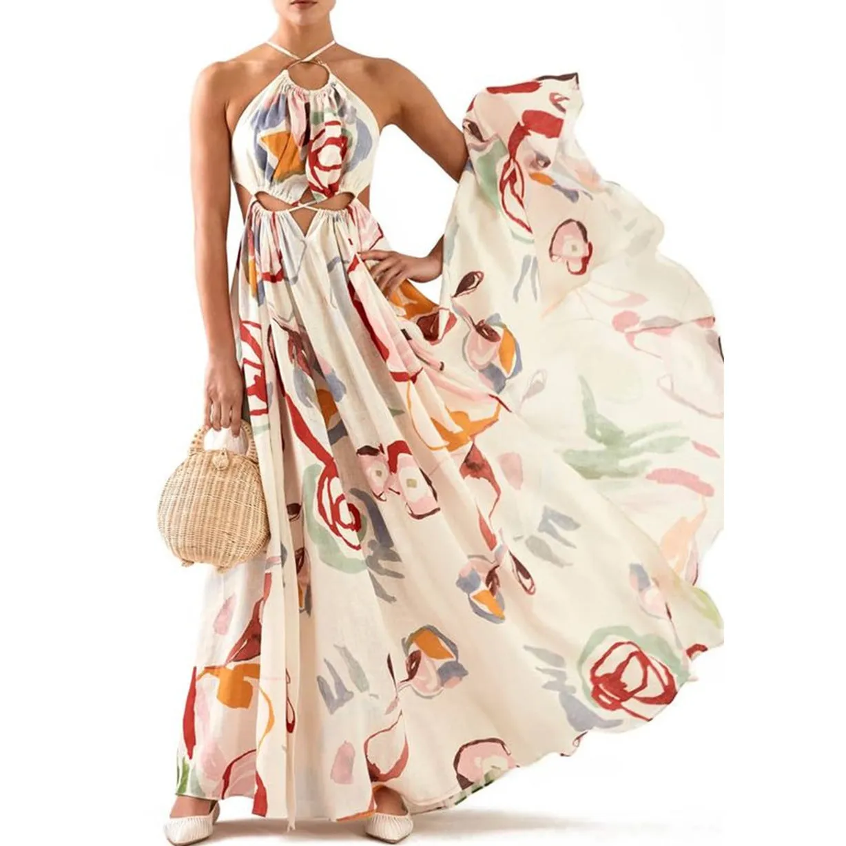 Spring and Summer New Women's Slim-fitting Sling Stitching Printed Long Skirt Beach Dress