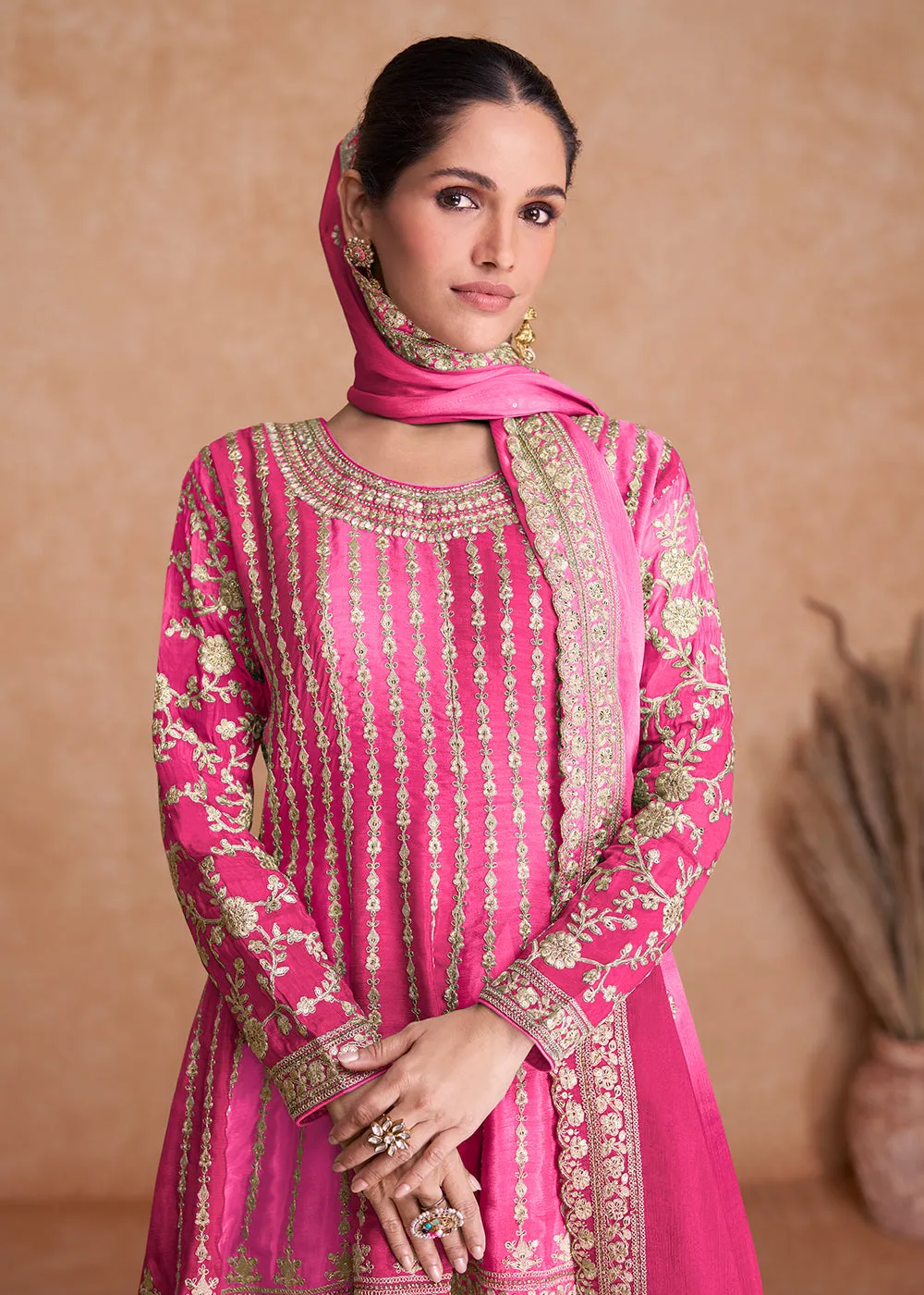 Traditional Pink Embroidered Wedding & Reception Wear Gharara Suit