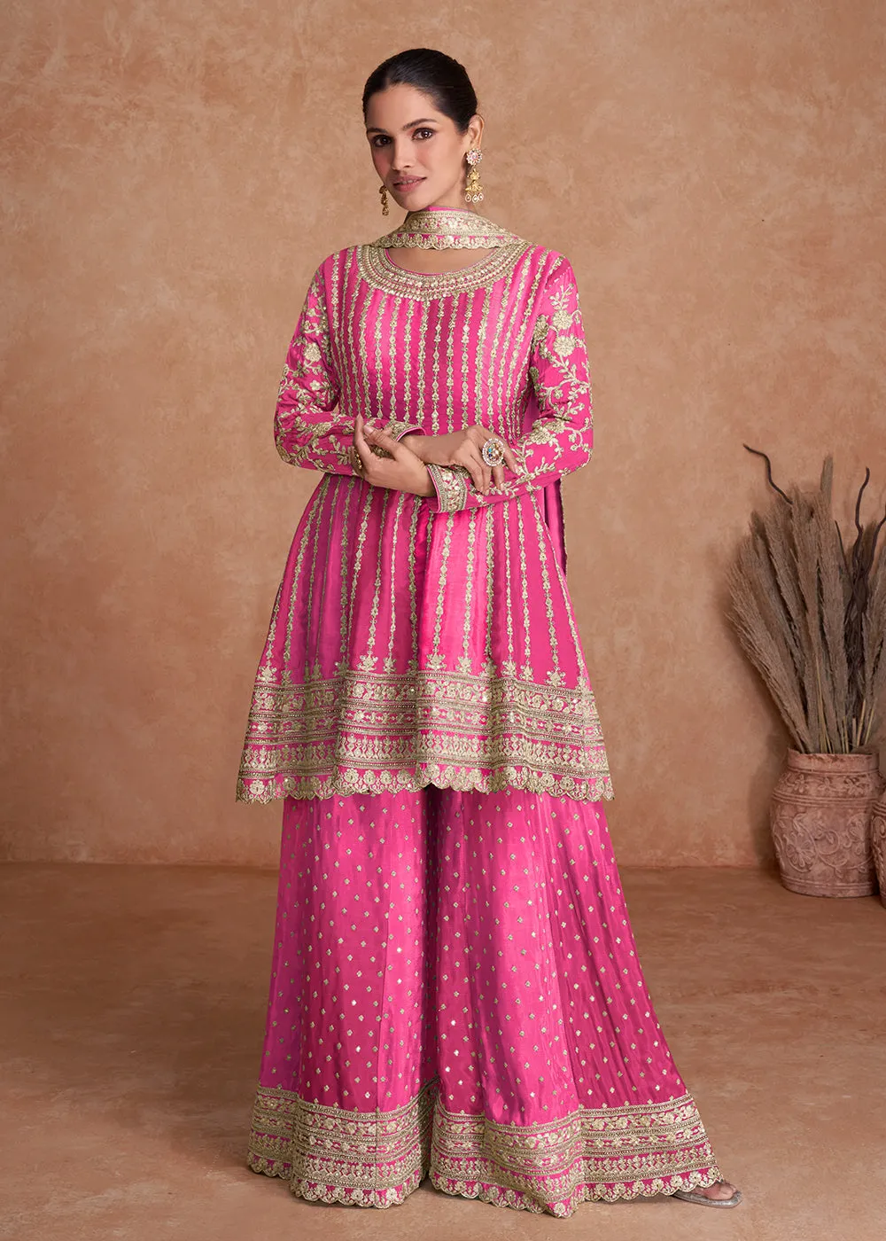 Traditional Pink Embroidered Wedding & Reception Wear Gharara Suit