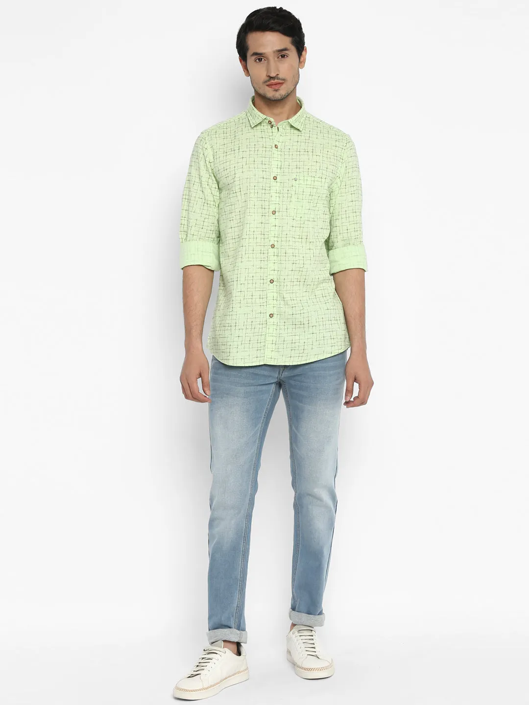 Turtle Men Cotton Light Green Checkered Slim Fit Shirts