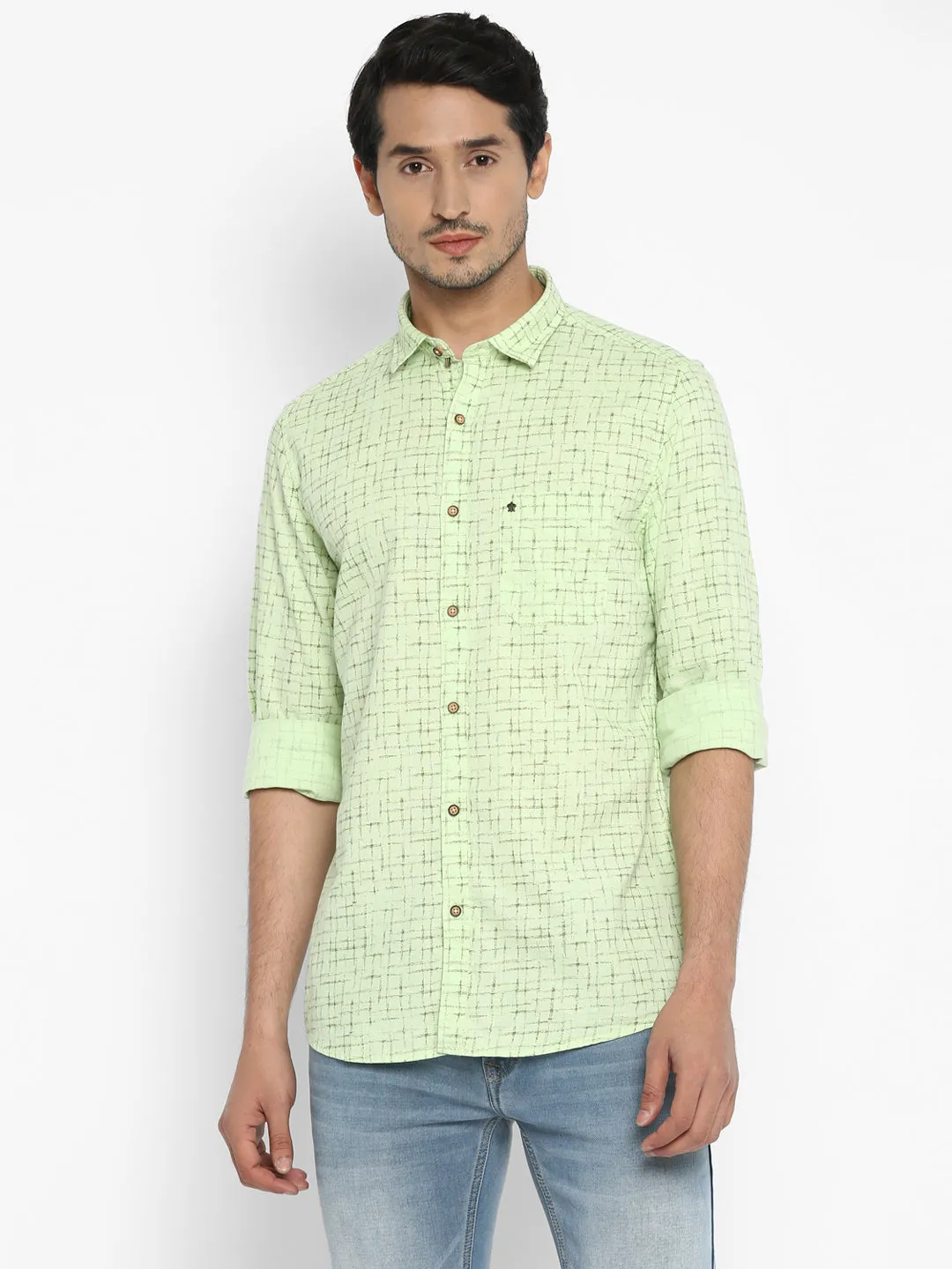 Turtle Men Cotton Light Green Checkered Slim Fit Shirts