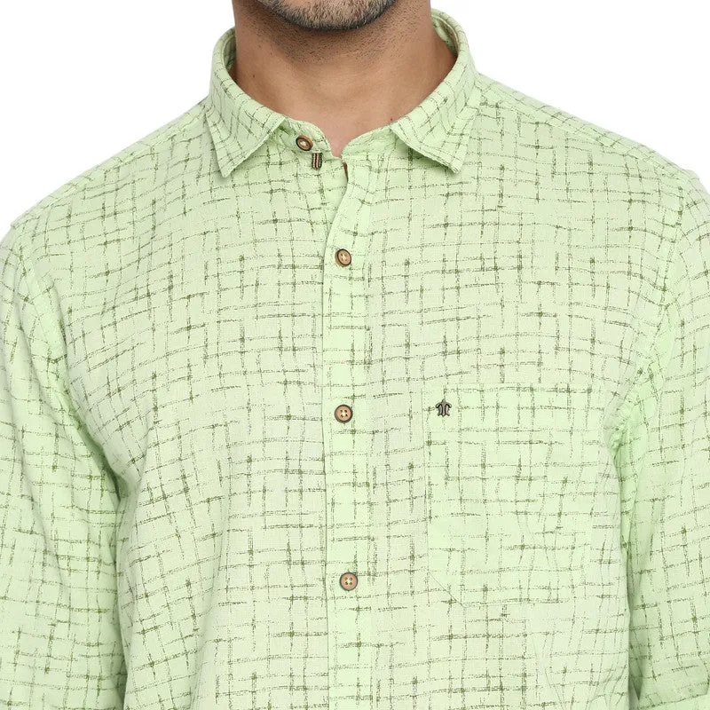 Turtle Men Cotton Light Green Checkered Slim Fit Shirts