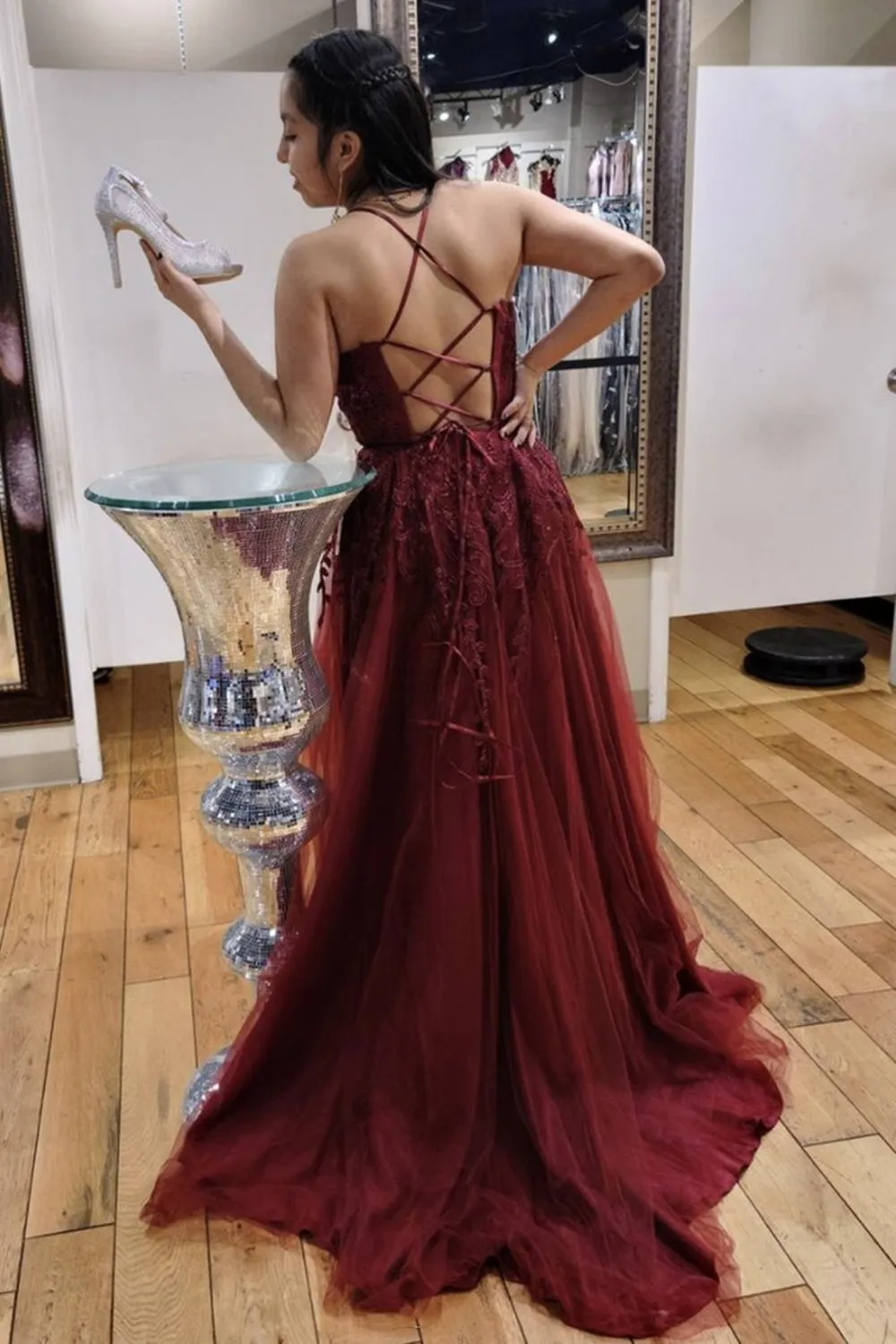 V Neck Backless Burgundy Lace Long Prom, Long Wine Red Lace Formal Evening