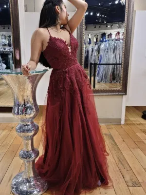 V Neck Backless Burgundy Lace Long Prom, Long Wine Red Lace Formal Evening