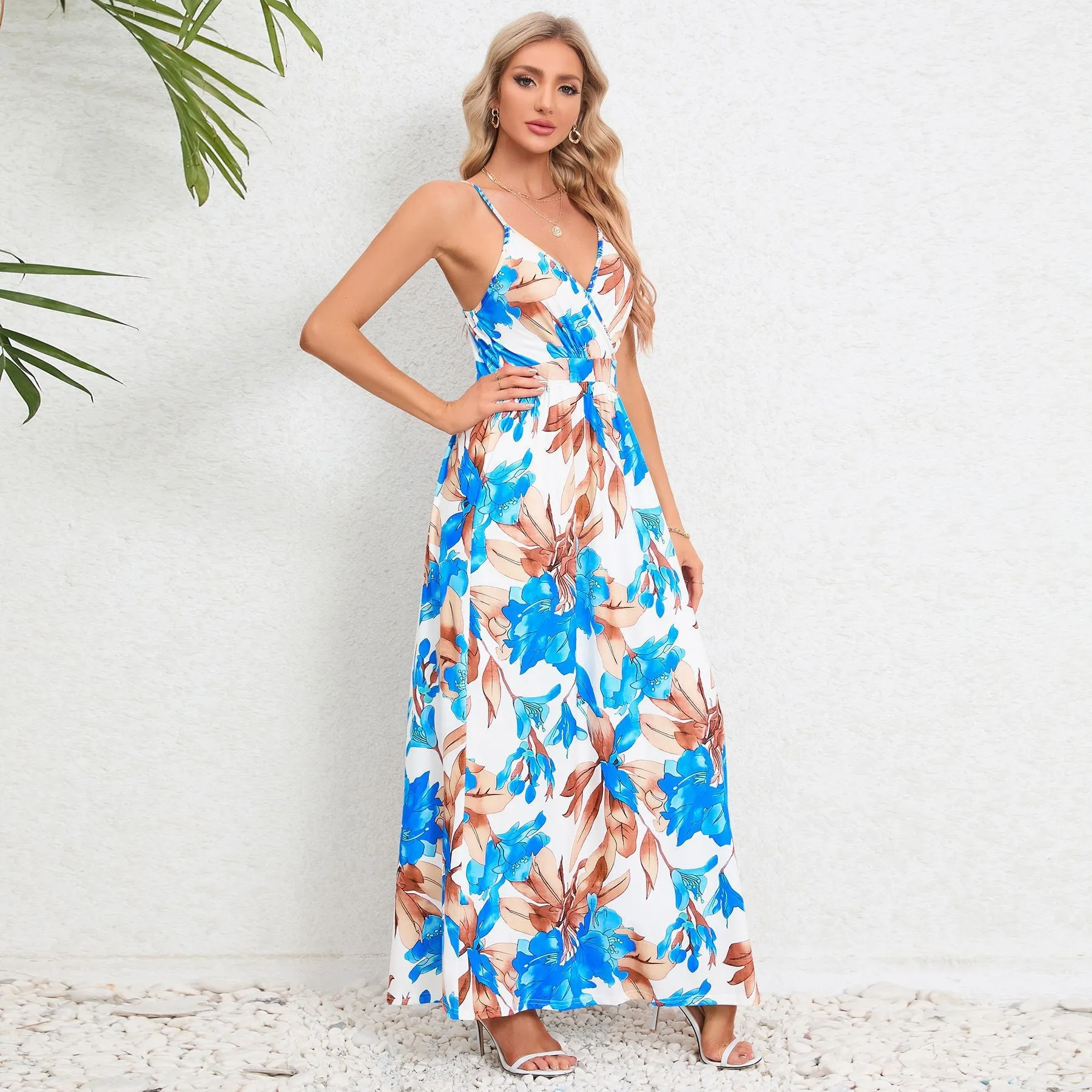 V-neck Backless Spaghetti Strap Maxi Dress