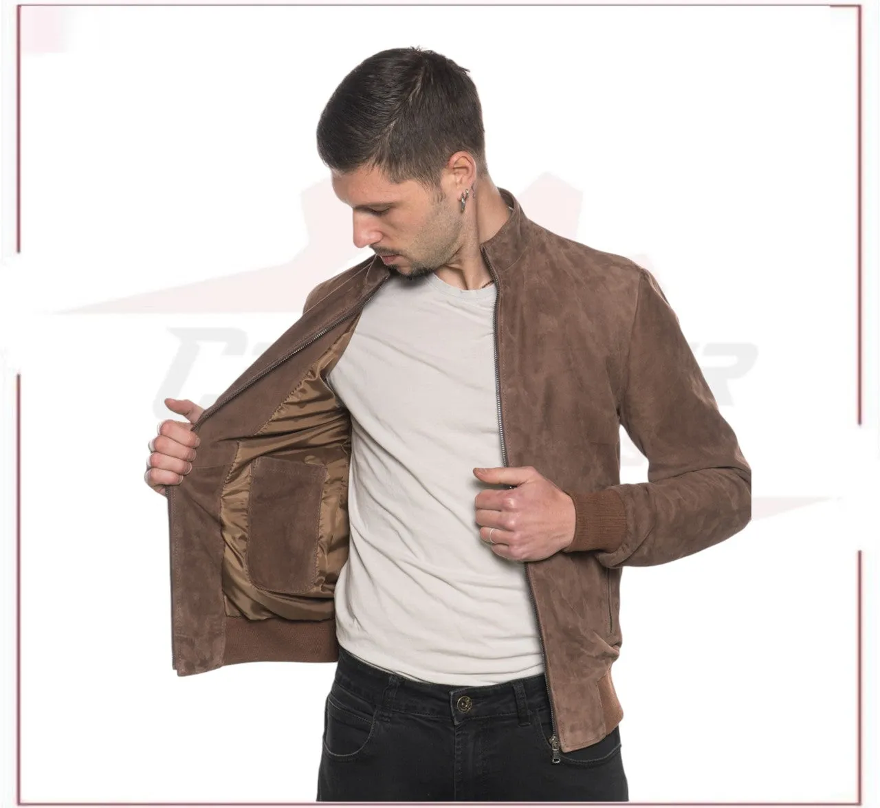 Victor - Men's Bomber Jacket in Genuine Dark Brown Suede Leather