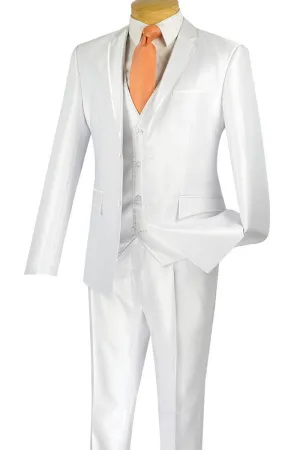 Vinci Designed Shiny Sharkskin Suit Ultra Slim Fit 3 Piece (White) USVR-4