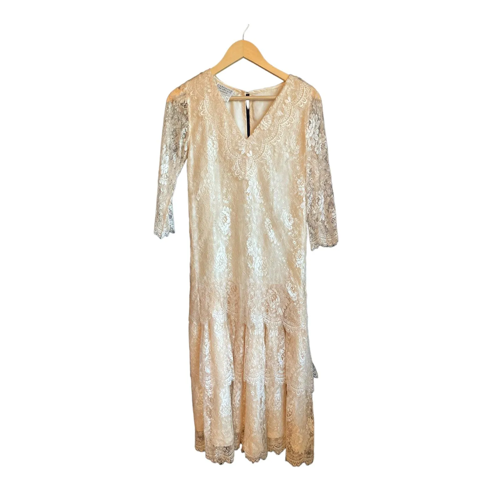 Vintage Caroline Charles London Cream Lace Overlay 3/4 Sleeve Long Line Dress UK Size 10