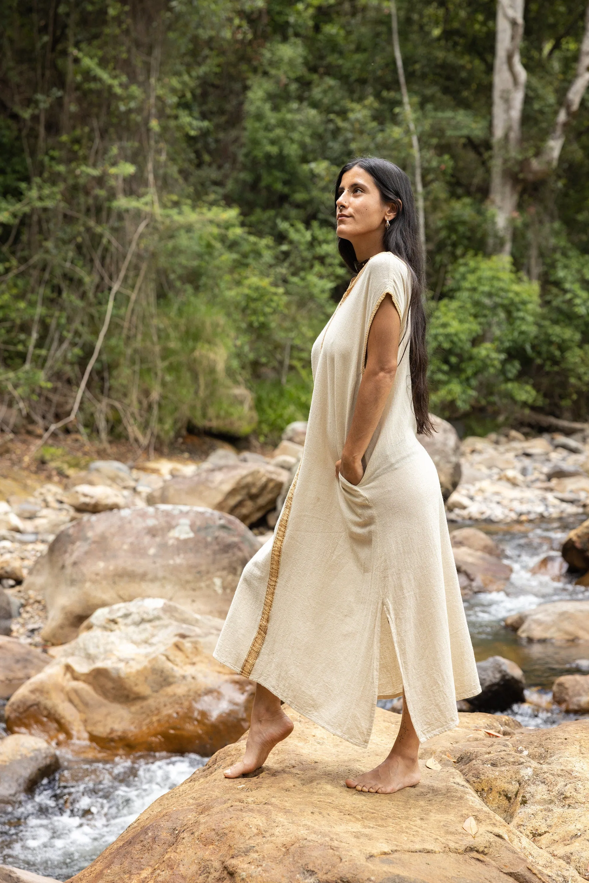 WAIATA Beige Dress Maxi Sleeveless Pockets Natural Cotton Boho Free-Flowing Relaxed Fit Spring Summer Kaftan Bohemian Breathable AJJAYA