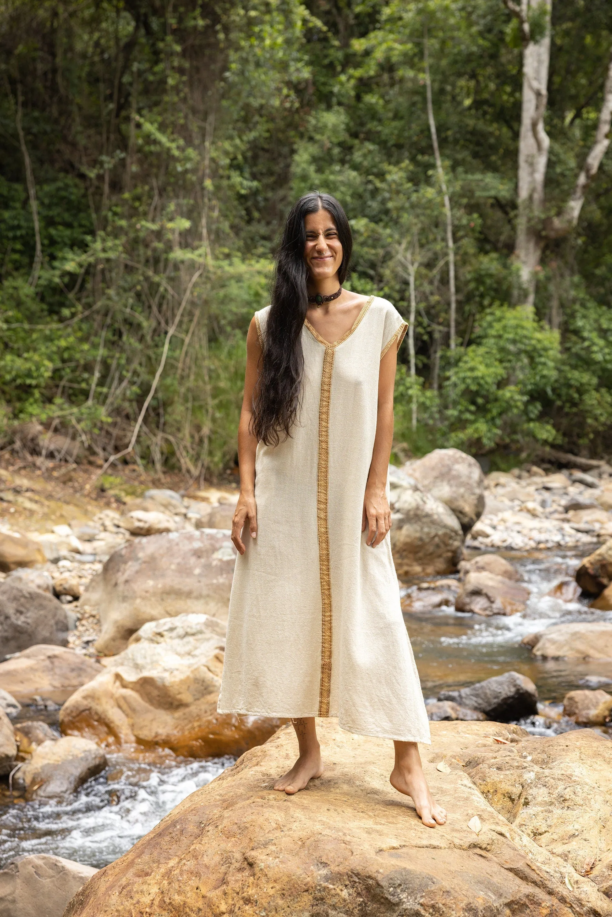 WAIATA Beige Dress Maxi Sleeveless Pockets Natural Cotton Boho Free-Flowing Relaxed Fit Spring Summer Kaftan Bohemian Breathable AJJAYA