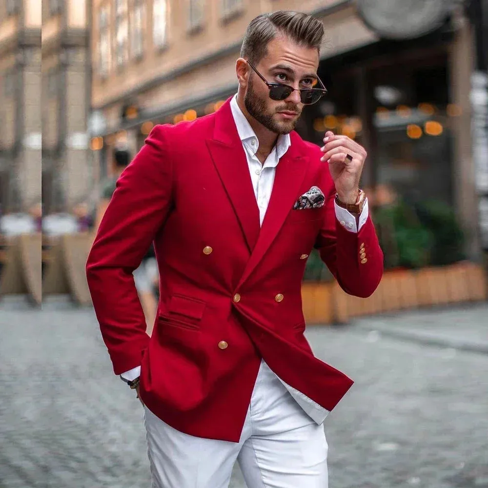 Wiaofellas  -  Red Jacket White Pant Double Breasted Fashion Men Suit Casual Slim Fit Blazer Hombre High Street High Quality Custom 2 Piece Set