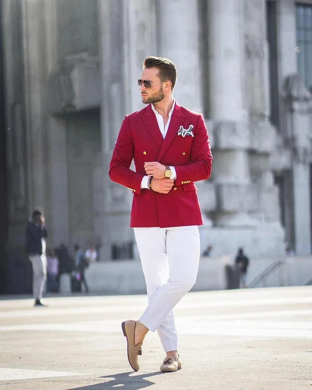 Wiaofellas  -  Red Jacket White Pant Double Breasted Fashion Men Suit Casual Slim Fit Blazer Hombre High Street High Quality Custom 2 Piece Set