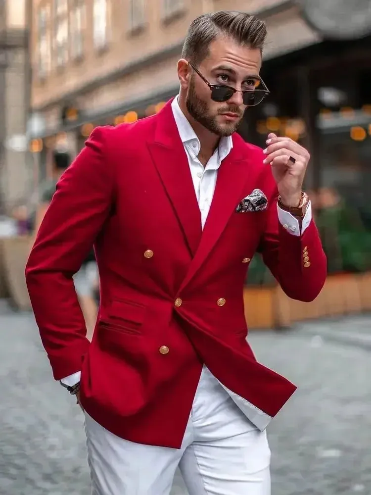 Wiaofellas  -  Red Jacket White Pant Double Breasted Fashion Men Suit Casual Slim Fit Blazer Hombre High Street High Quality Custom 2 Piece Set