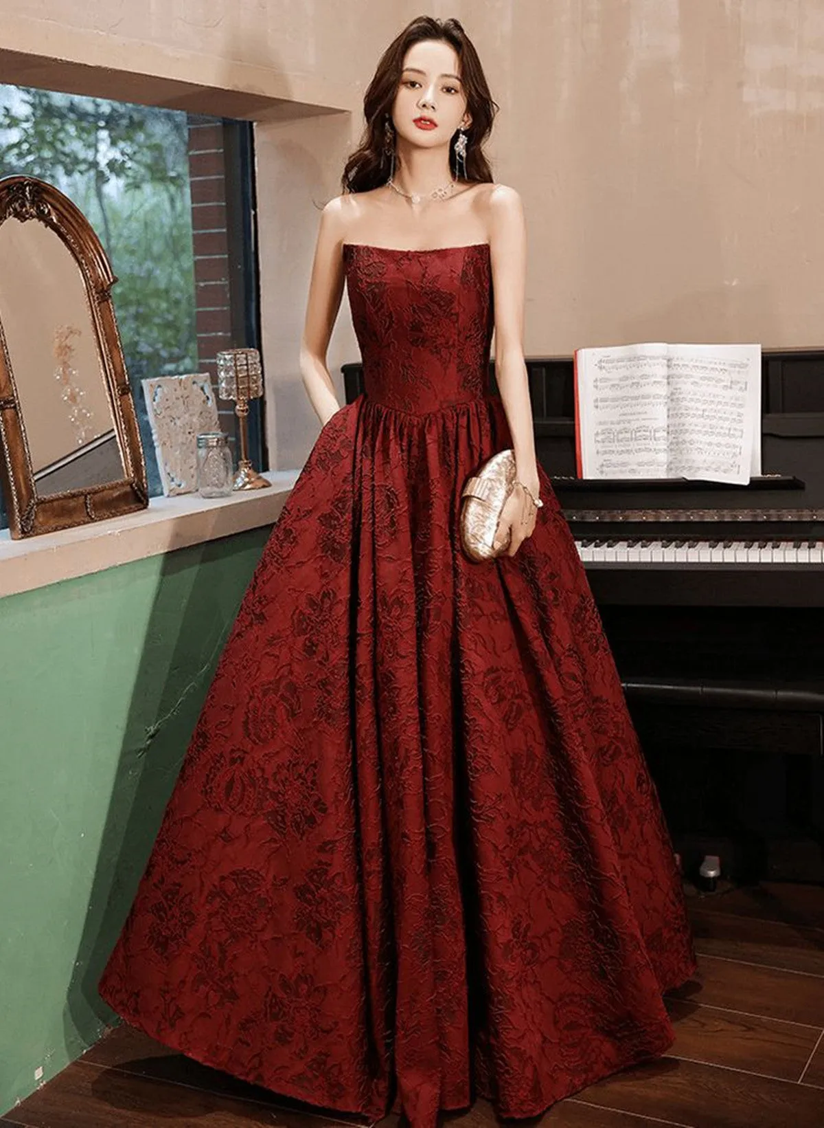 Wine Red Satin A-line Simple Party Dress, Wine Red Satin Prom Dress Evening Dress