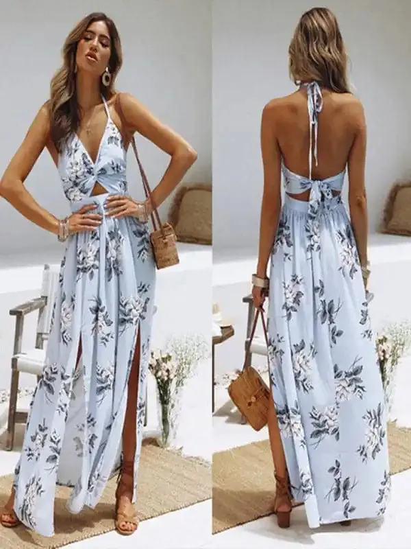 Women’s Halter V-neck Chiffon Print Dress Sexy Split Beach Dress