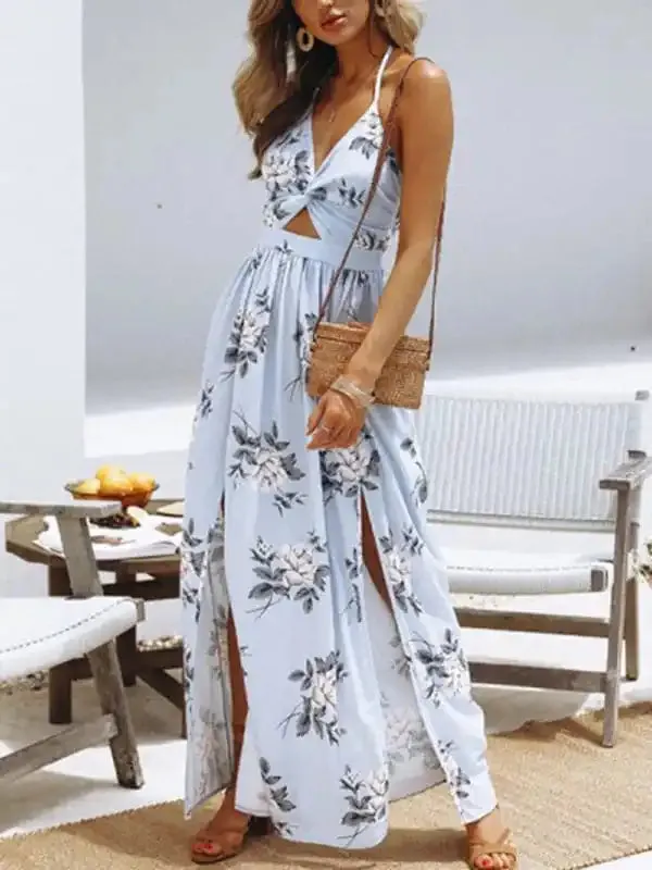 Women’s Halter V-neck Chiffon Print Dress Sexy Split Beach Dress