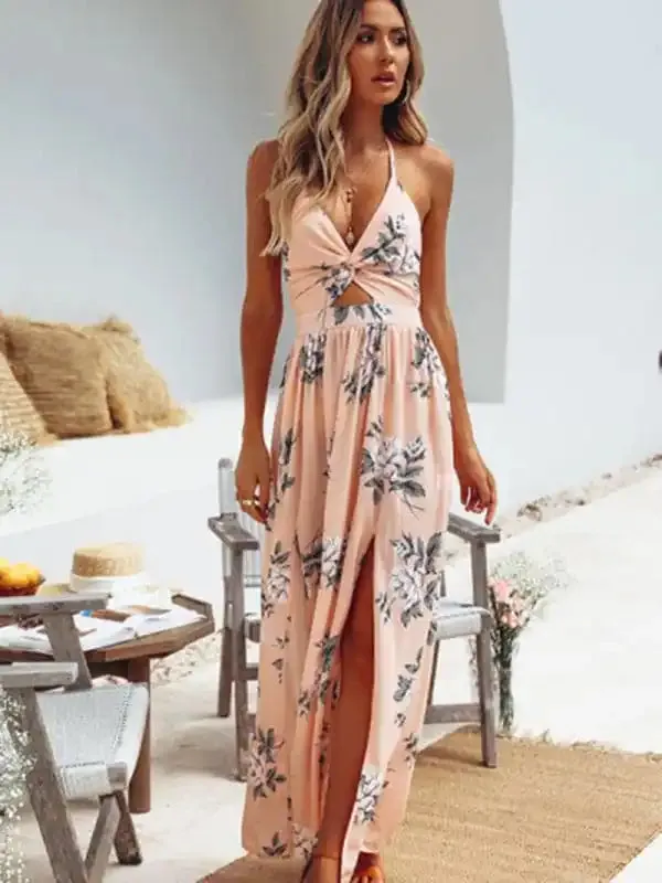 Women’s Halter V-neck Chiffon Print Dress Sexy Split Beach Dress