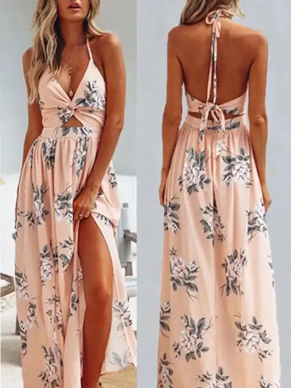 Women’s Halter V-neck Chiffon Print Dress Sexy Split Beach Dress