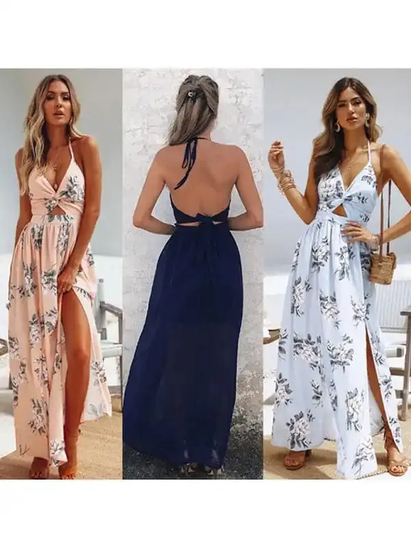 Women’s Halter V-neck Chiffon Print Dress Sexy Split Beach Dress