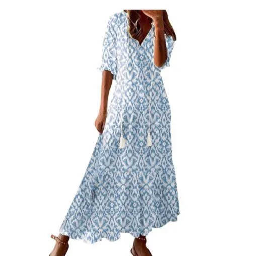 Women's Loose V-neck Bohemian Style Print Dress Mid Waist Long-sleeved Dress