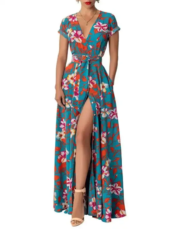 Women’s Sexy Lace-Up Printed Waist Slit Dress