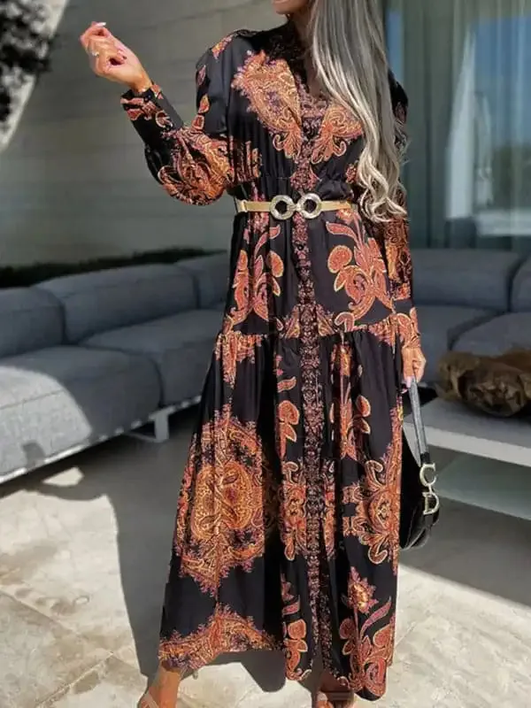 Women’s Woven Loose Vintage Style Vacation Long Sleeve Dress