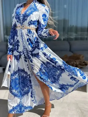 Women’s Woven Loose Vintage Style Vacation Long Sleeve Dress