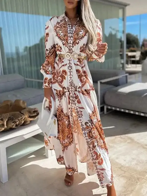 Women’s Woven Loose Vintage Style Vacation Long Sleeve Dress