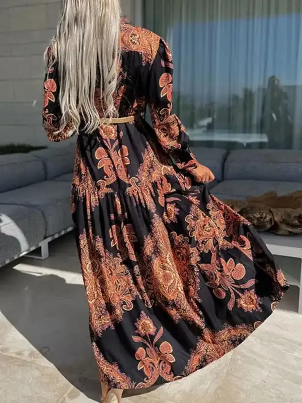 Women’s Woven Loose Vintage Style Vacation Long Sleeve Dress