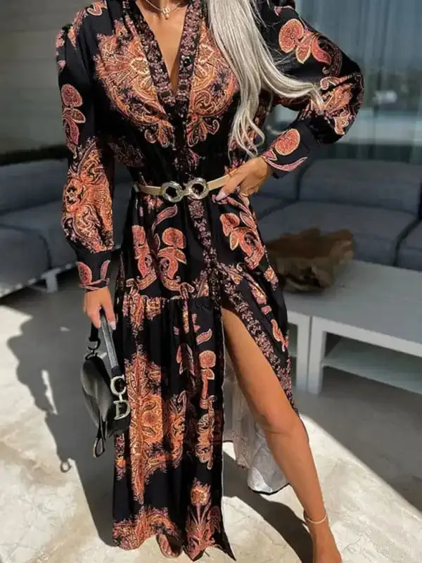 Women’s Woven Loose Vintage Style Vacation Long Sleeve Dress