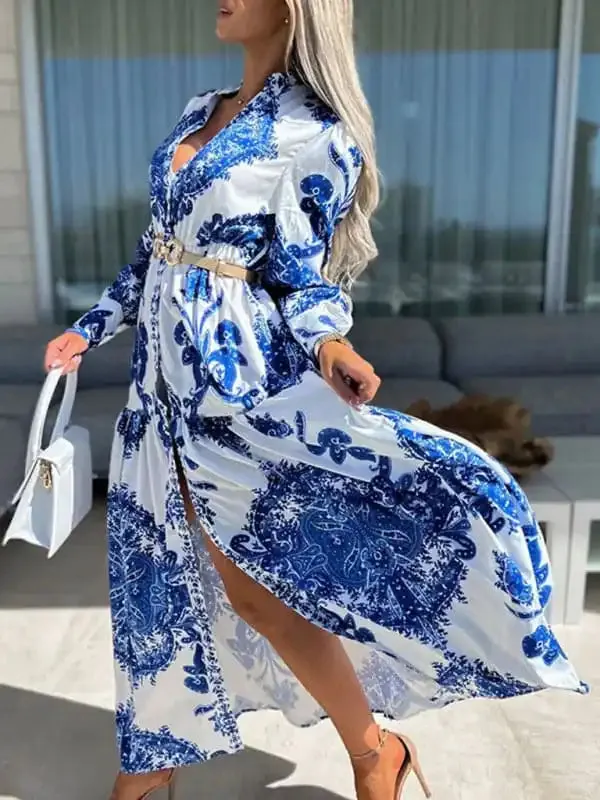 Women’s Woven Loose Vintage Style Vacation Long Sleeve Dress