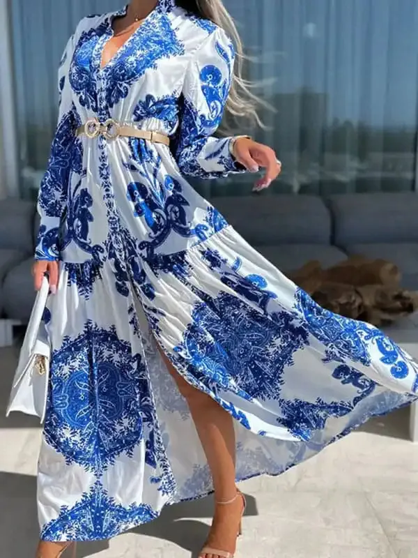 Women’s Woven Loose Vintage Style Vacation Long Sleeve Dress