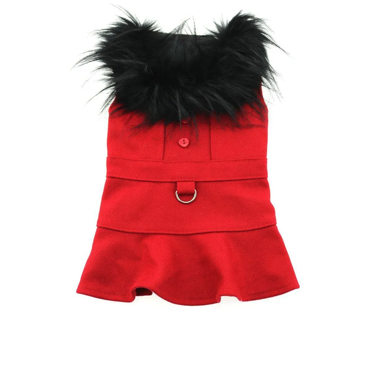 Wool Dog Coat Fur Trimmed in Red