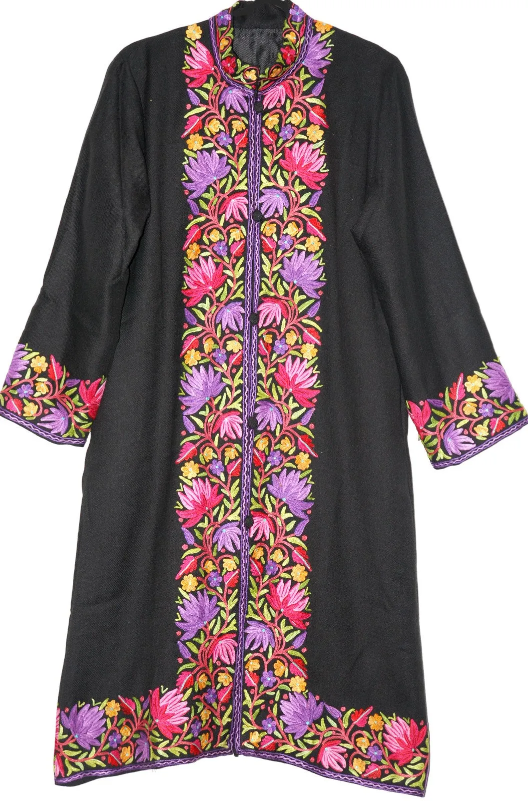 Woolen Coat Long Jacket Black, Multicolor Embroidery #BD-115