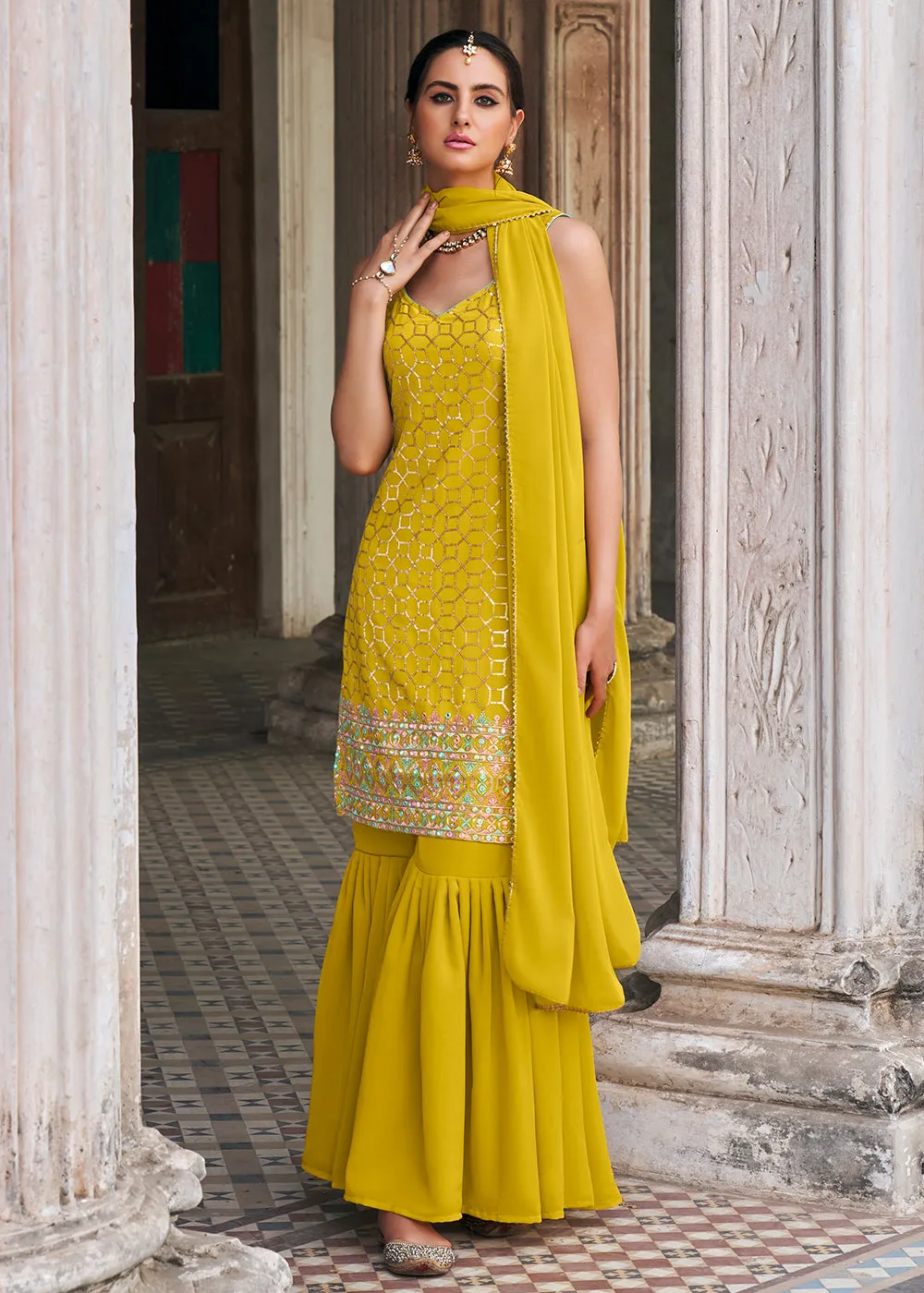 Yellow Faux Georgette Festive Gharara Style Suit